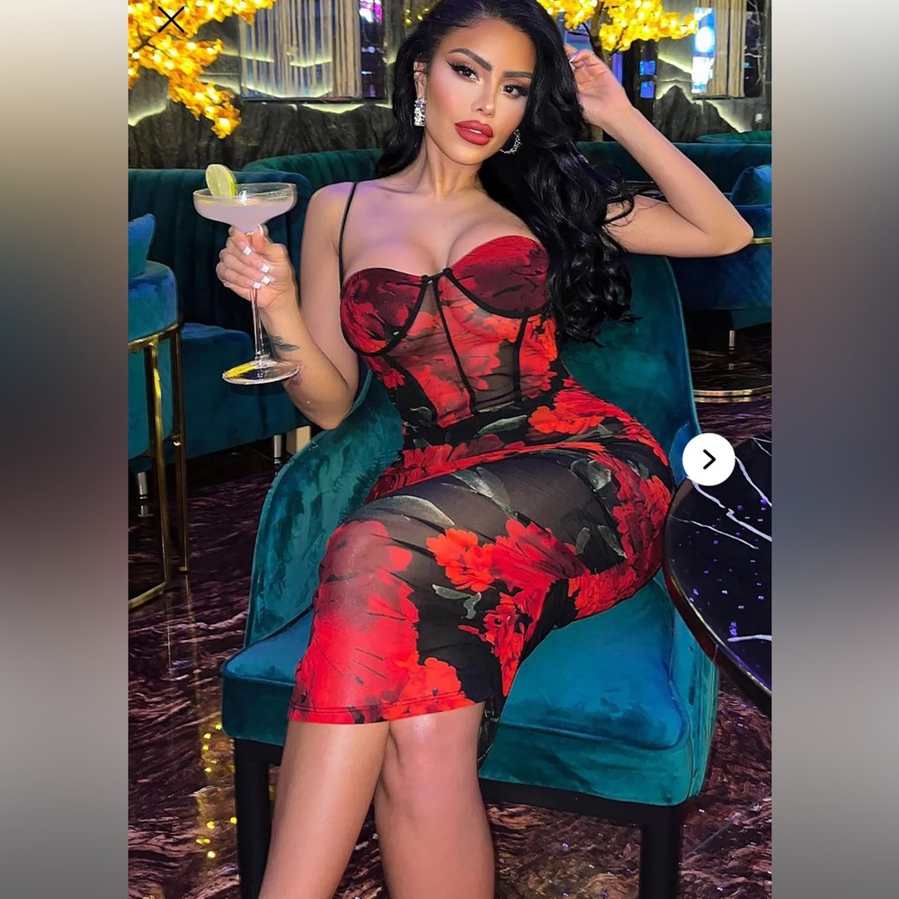 brand NEW with tags Vera Wang Red and Black Floral Corset Dress